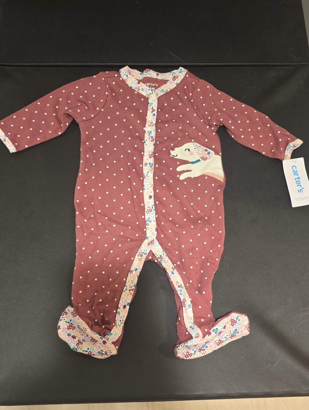 Carter's Dusty Rose Polka Dot Footed One-Piece with Deer Patch. Size 6 Months.